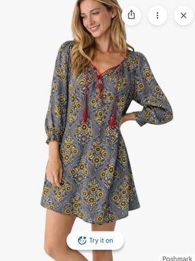 NATURAL LIFE Gray & Yellow Floral Tie-Neck Mini Dress